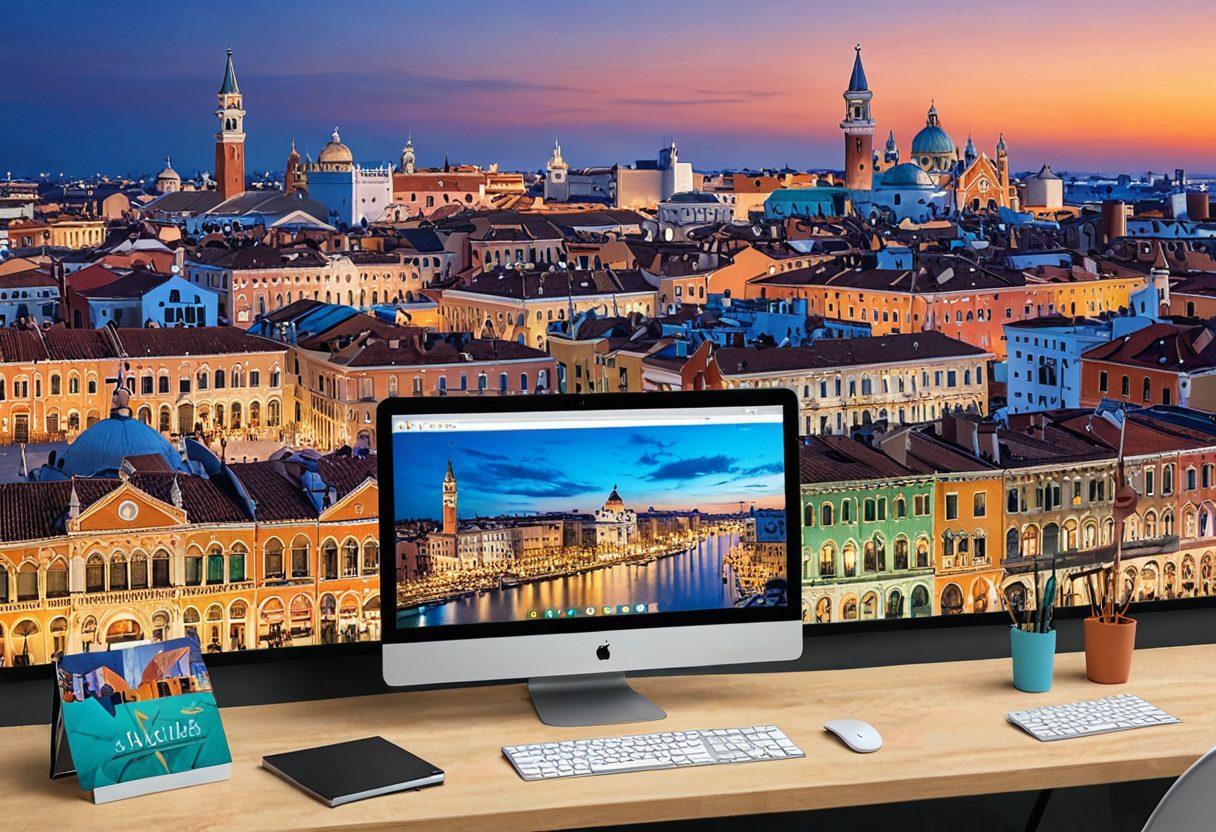 A dynamic web interface showcasing San Marco's historic skyline merging into a modern e-commerce platform with bustling online store elements. Include a coding developer crafting digital solutions in the foreground. vibrant colors. super-realistic. bustling cityscape backdrop.