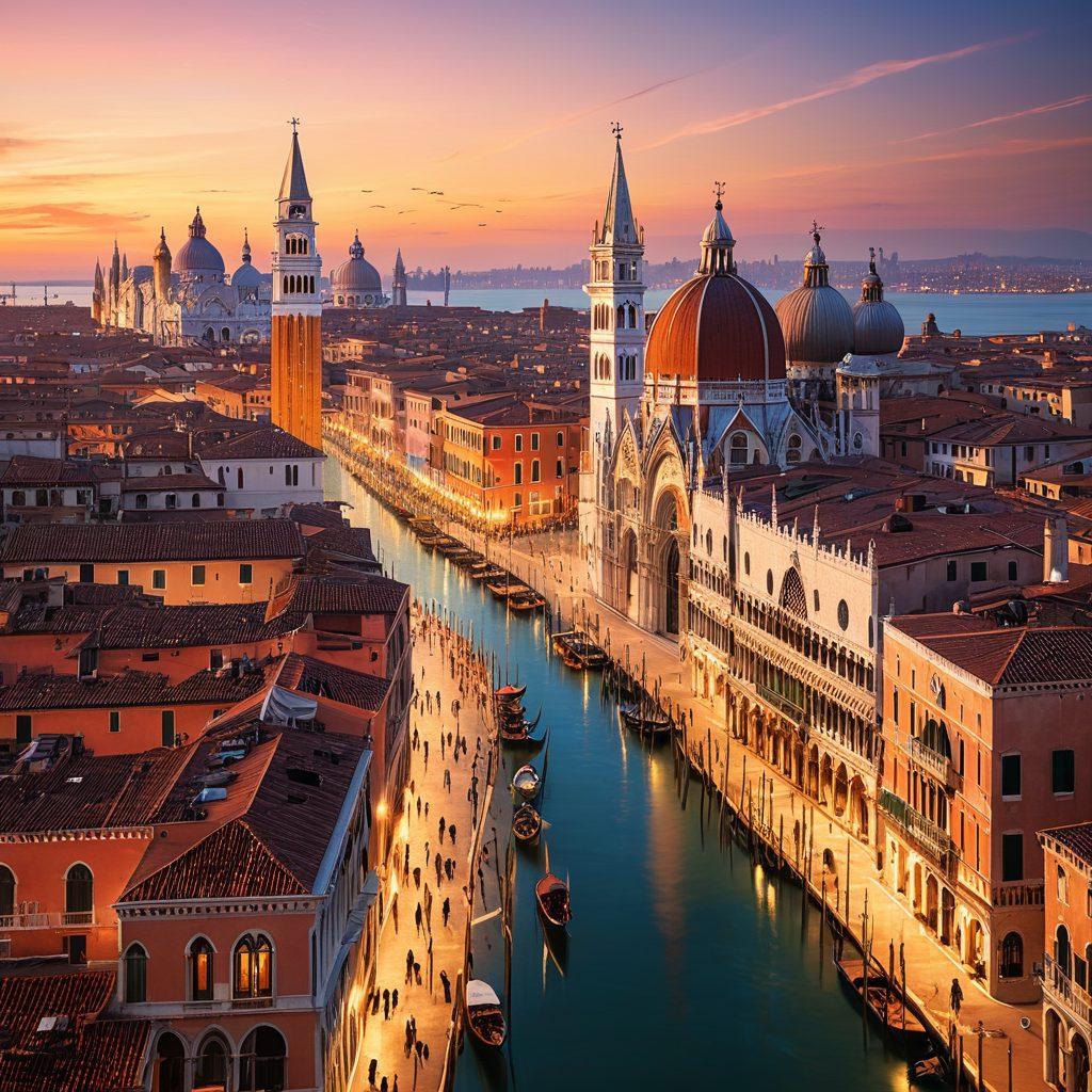 A bustling cityscape of San Marco with a majestic skyline at dawn, showcasing iconic landmarks. Overlaying the scene are digital marketing elements: SEO graphs, social media icons, and analytics charts, all interconnected by dynamic, glowing lines. The ambiance should convey growth, connectivity, and innovation. super-realistic. vibrant colors.