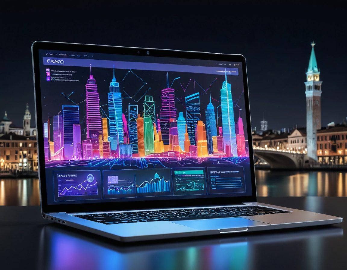 A sleek, modern laptop displaying a vibrant, redesigned website for a rising business, with dynamic digital tools and charts around it. In the background, a bustling cityscape of San Marco at night, symbolizing the digital transformation. futuristic design. vibrant colors. 3D.